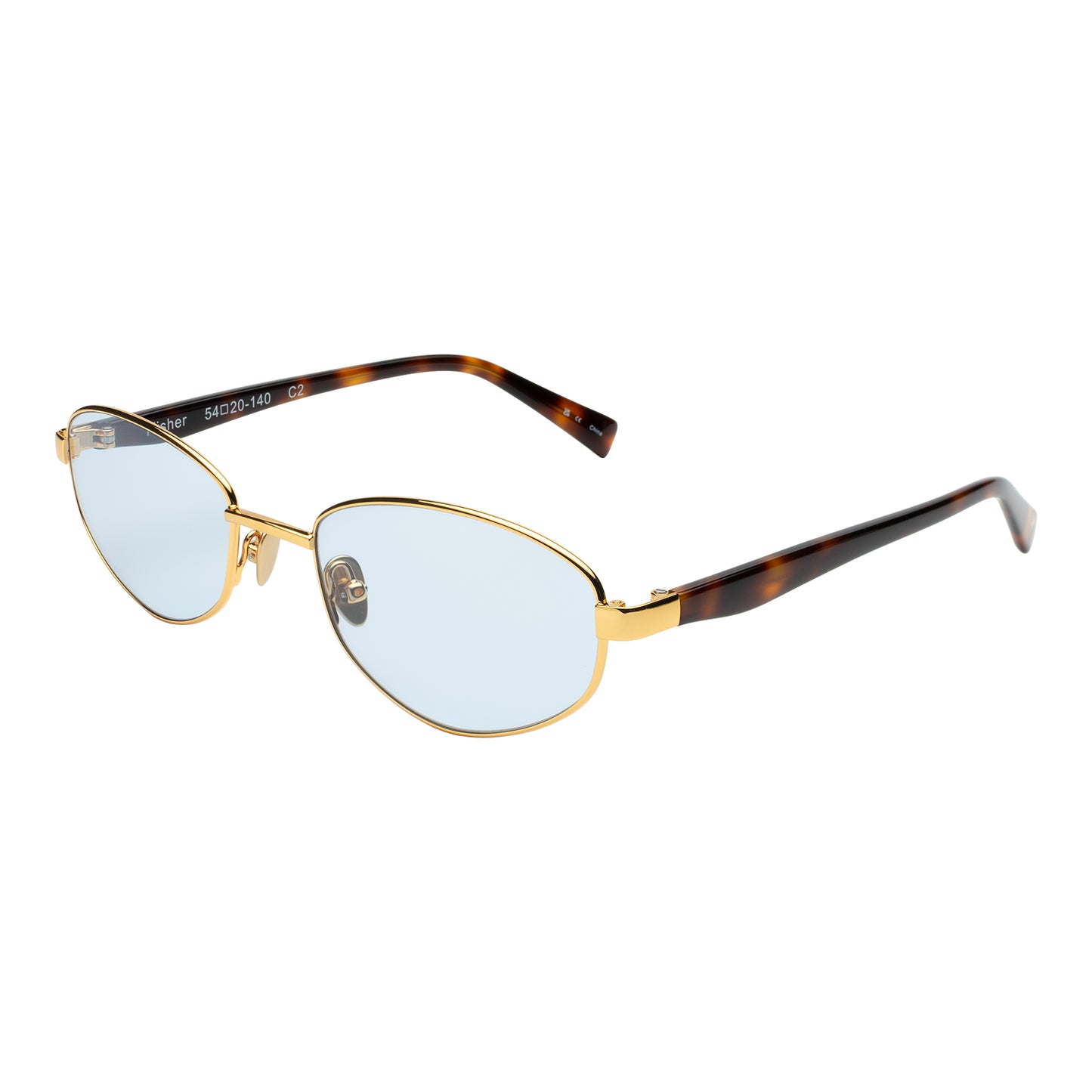 Fisher Sunglasses in Gold Havana with Blue See Through lenses at an isometric angle
