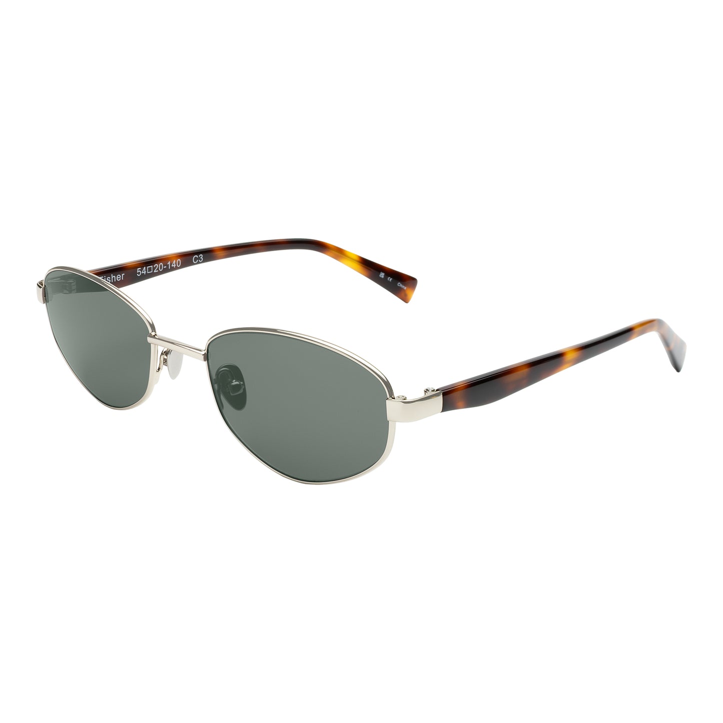 Fisher Sunglasses in Silver Havana with Olive lenses at an isometric angle