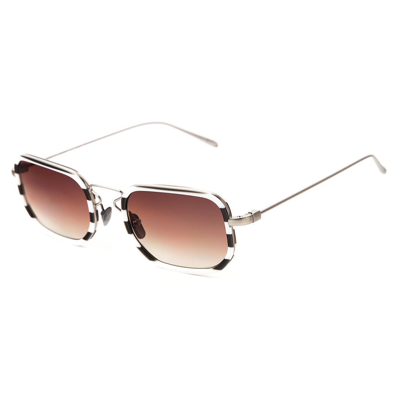 Venetian Sunglasses in Black White Stripes with Brown Gradient lenses at an isometric angle
