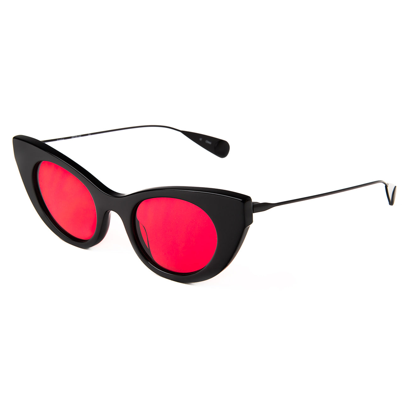 Angelica Sunglasses in Black with Matte Black temples and Red See Through lenses at an isometric angle