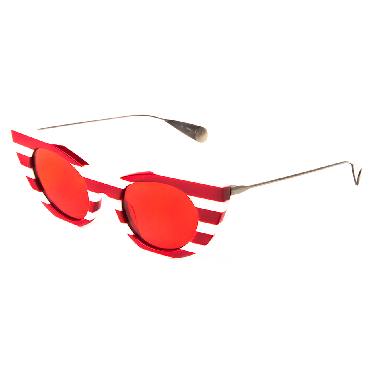 Angelica Sunglasses in Red / White Stripes with Gunmetal temples and Red See Through lenses at an isometric angle