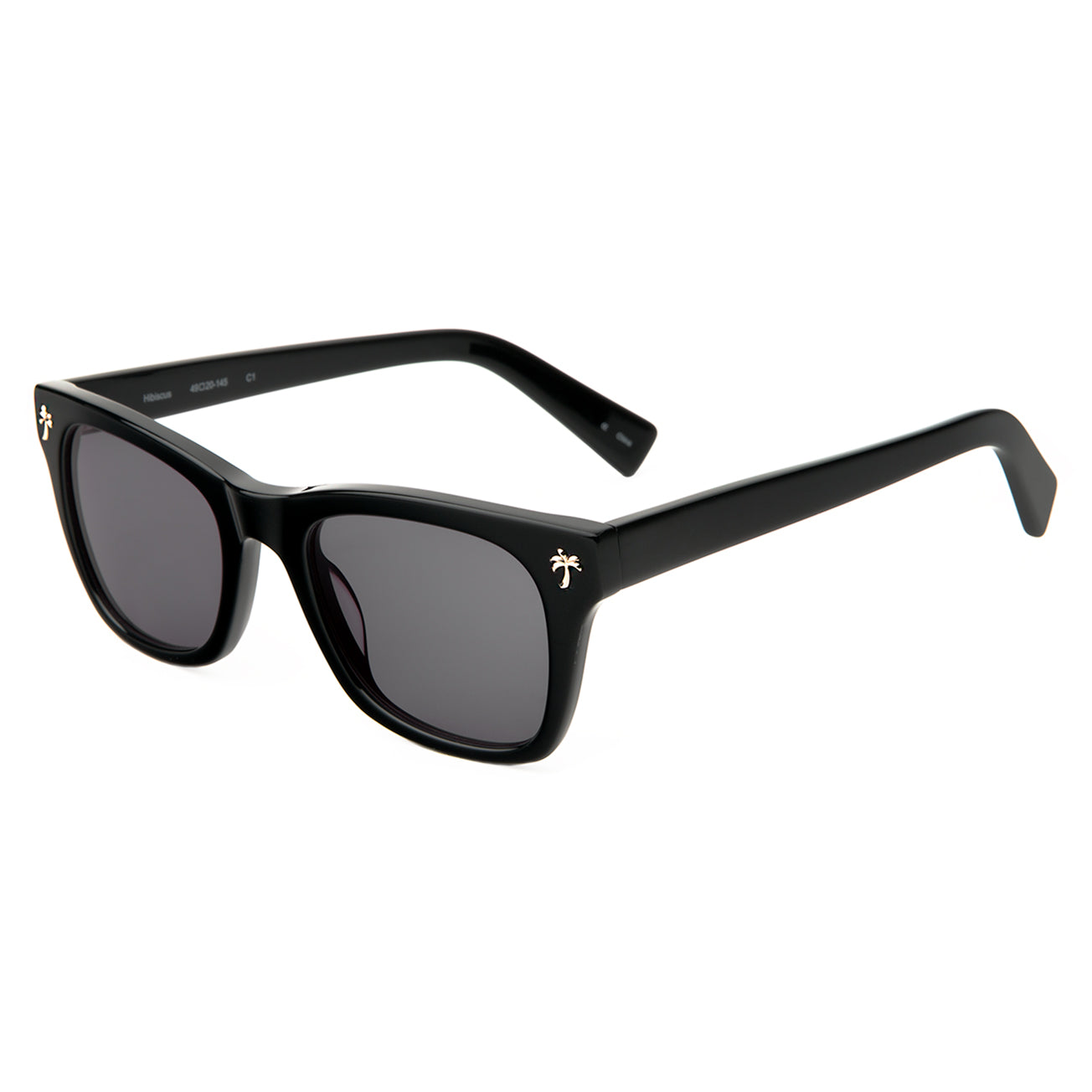 Hibiscus Sunglasses in Black with Grey lenses at an isometric angle