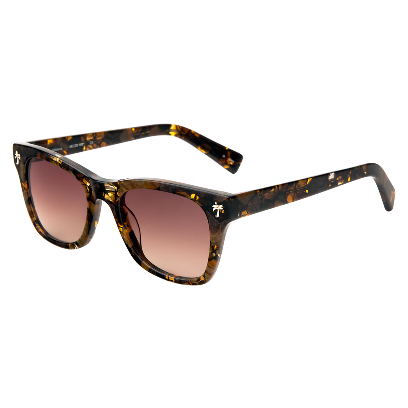 Hibiscus Sunglasses in Brown Marble with Brown Gradient lenses at an isometric angle