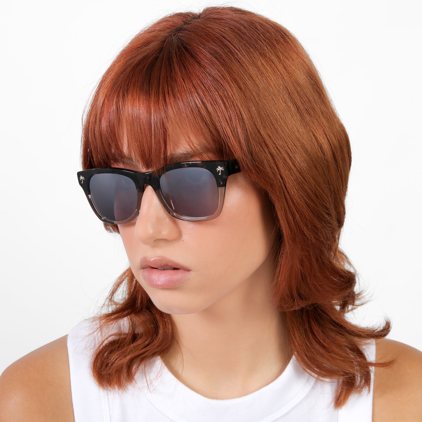 Model wearing Hibiscus Sunglasses in HH Galaxy with Metal Mirror lenses