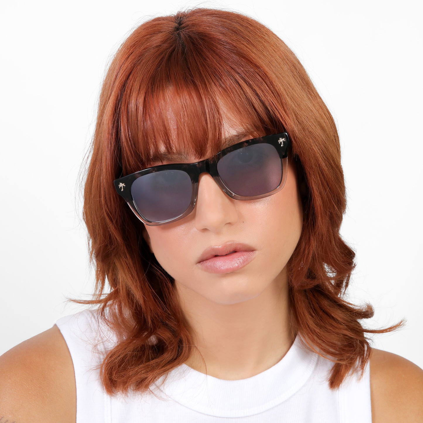 Another angle of model wearing Hibiscus Sunglasses in HH Galaxy with Metal Mirror lenses