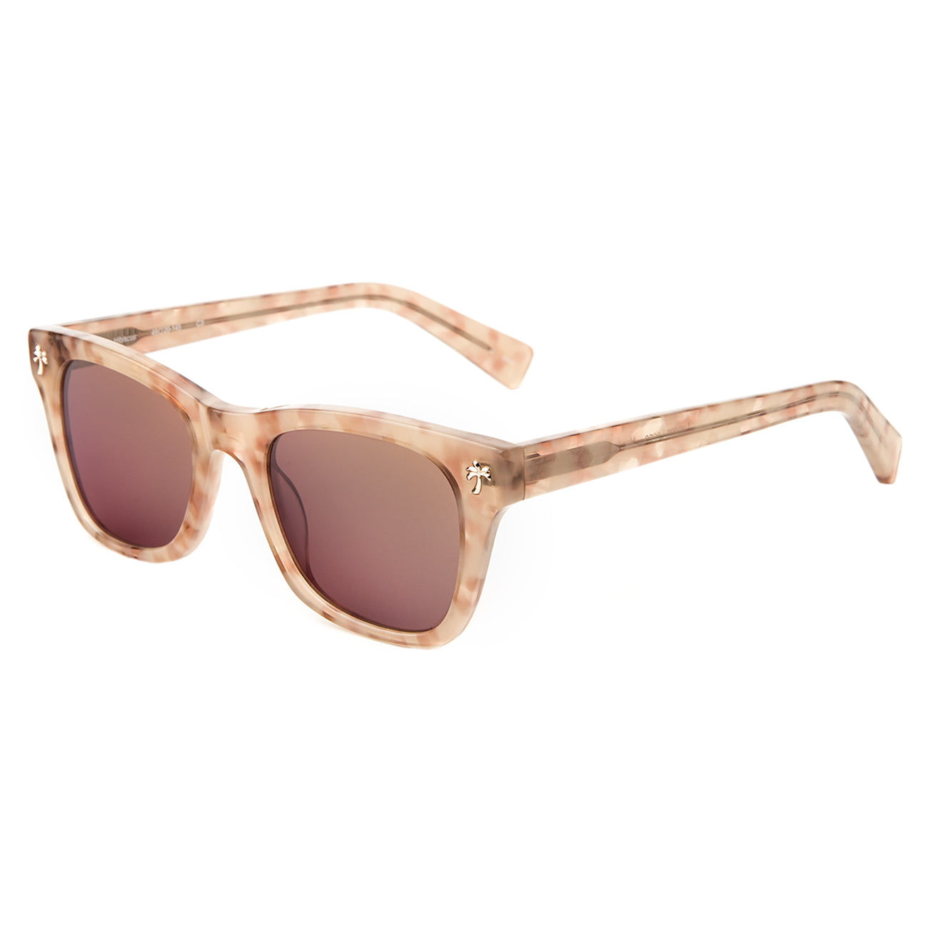 Hibiscus Sunglasses in Pink Marble with Copper Mirror lenses at an isometric angle